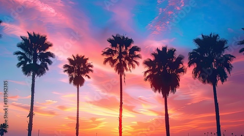 Orange and pink sunset sky with blue palm trees on a summer evening