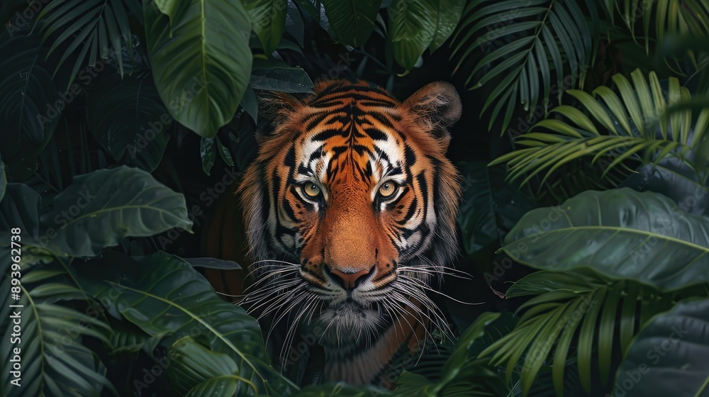 Tiger emerging from dense foliage, showcasing its striking orange fur Tiger emerging from dense foliage, showcasing its striking orange fur