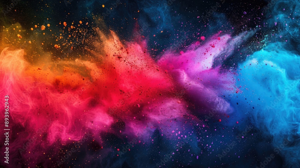 Vivid color burst of powdered pigments spreading across a dark surface Vivid color burst of powdered pigments spreading across a dark surface