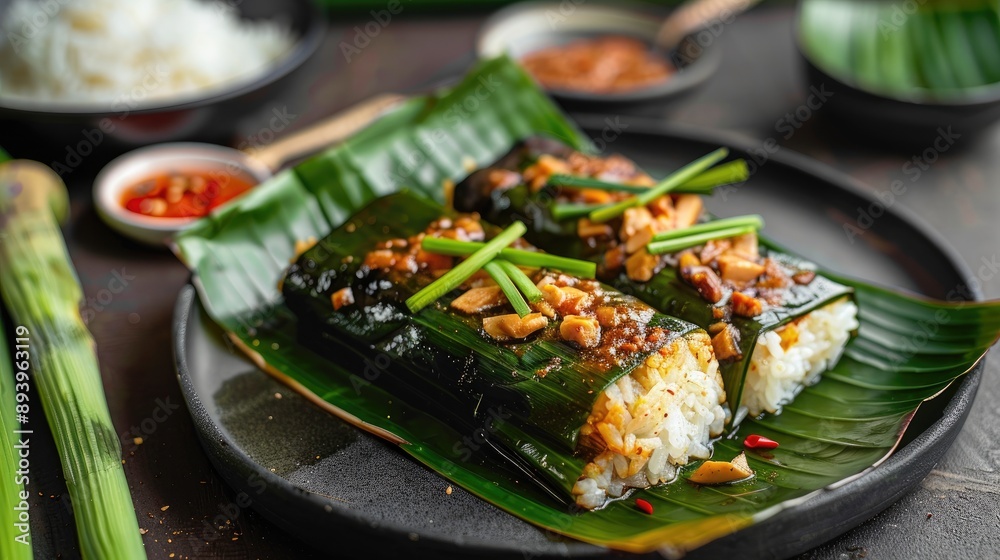 Indonesian Lontong Rice wrapped in banana leaves on a black plate Indonesian Lontong Rice wrapped in banana leaves on a black plate