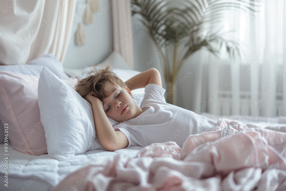 custom made wallpaper toronto digitalPeaceful young kid relaxing in bed, surrounded by soft pillows and decorative stars, enjoying a tranquil morning in a cozy bedroom