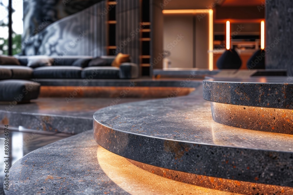 A contemporary staircase featuring illuminated steps, surrounded by a luxurious interior, showcasing a blend of natural and artificial elements in a sophisticated setting. A contemporary staircase featuring illuminated steps, surrounded by a luxurious interior, showcasing a blend of natural and artificial elements in a sophisticated setting.