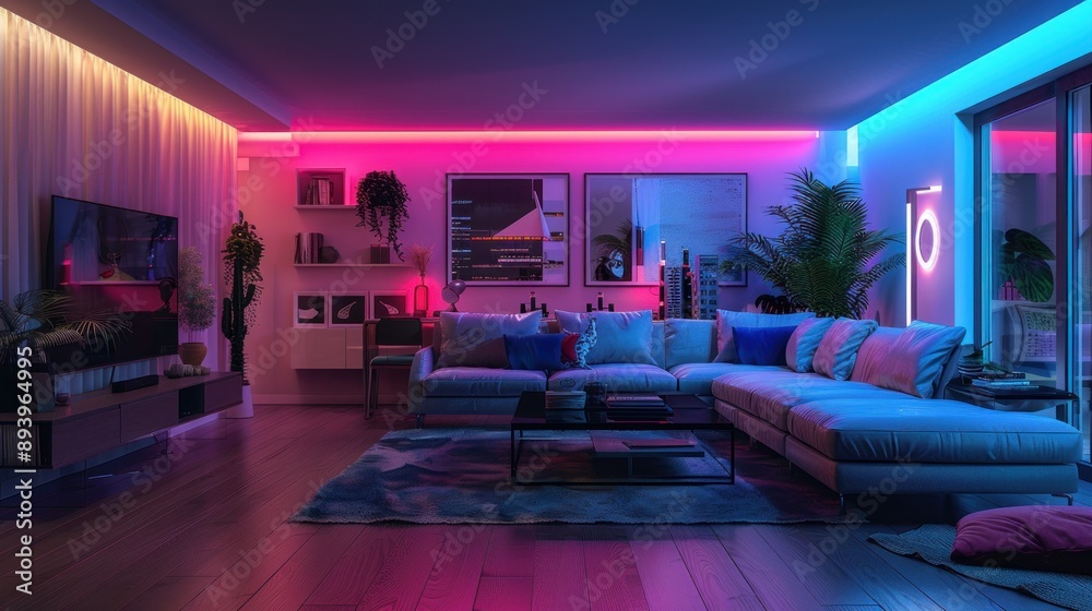 A modern living room interior with a sectional sofa illuminated by neon pink and blue lights A modern living room interior with a sectional sofa illuminated by neon pink and blue lights
