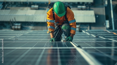 Wallpaper Mural A Solar Panel Technician Works on a Rooftop Installation During Daylight Hours Torontodigital.ca