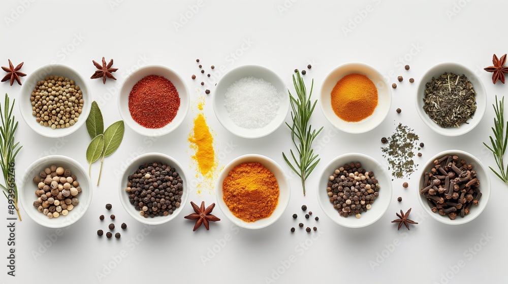 Assortment of Various Spices and Herbs in White Bowls on White Background, Top View Assortment of Various Spices and Herbs in White Bowls on White Background, Top View