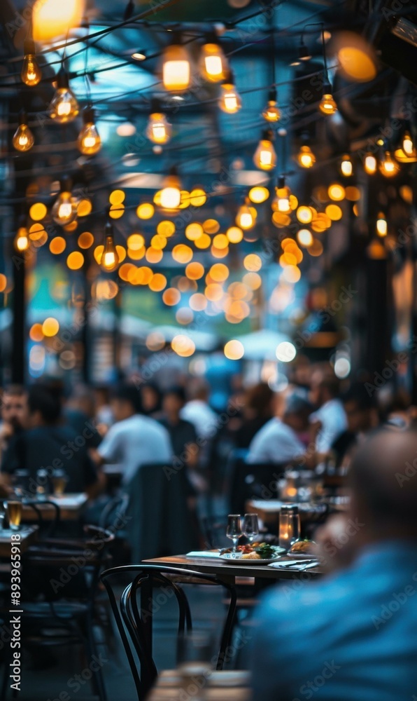 A group of people sitting at tables in a restaurant with lights. AI. A group of people sitting at tables in a restaurant with lights. AI.