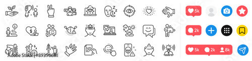 Support, Heart and Fraud line icons pack. Social media icons. Eye target, Friends chat, Yoga web icon. Volunteer, Electronic thermometer, Puzzle pictogram. Vector