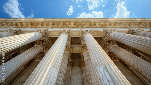 A close up of a large building with columns and pillars. AI. photo