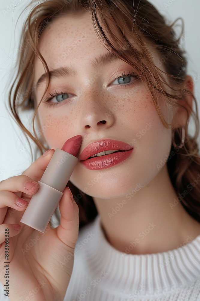 A woman holding a pink lipstick from the provided image in a light gray matte tube A woman holding a pink lipstick from the provided image in a light gray matte tube