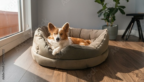 Cozy bed brings post-adoption relaxation to a lucky dog in its new home.