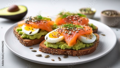 Delicious multigrain toast with avocado, salmon, eggs, herbs, and sunflower seeds on a white plate.