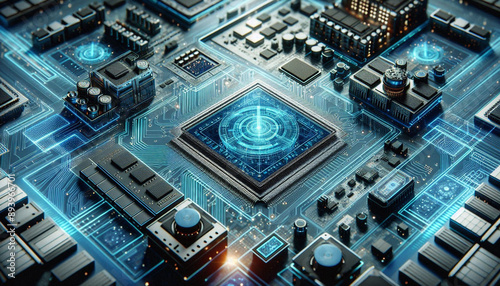 a close up of a futuristic circuit board schematic with components 