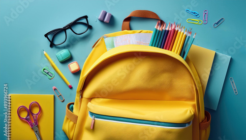PLANO DE FUNDO MOCHILA DE ESTUDANTE COM MATERIAIS ESCOLARES VISANDO UMA APRESENTAÇÃO EDUCACIONAL photo