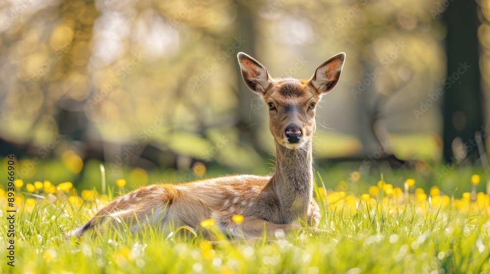 Female deer rests and grazes grass in spring Female deer rests and grazes grass in spring