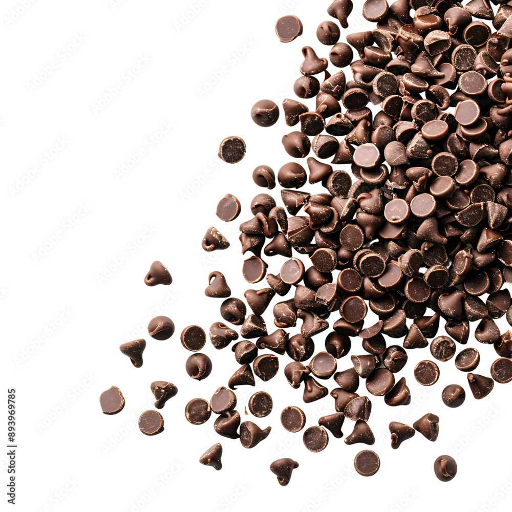 Obraz premium Chocolate chips on white background, dark chocolate chips scattered on air