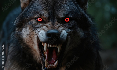 menacing closeup of werewolf face piercing red eyes sharp teeth bared blend of human and wolf features dark atmosphere for halloween photo