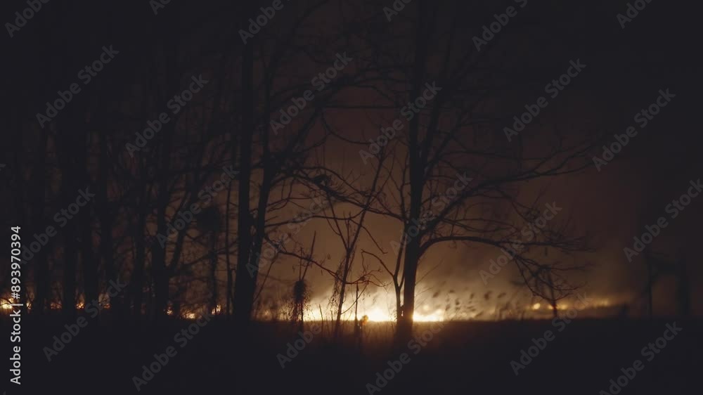 Fire burning in dark forest with silhouette burning trees and smoke in the background. Scene is eerie and ominous Fire burning in dark forest with silhouette burning trees and smoke in the background. Scene is eerie and ominous
