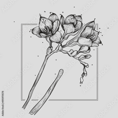 Fressia flowers tattoo for woman. Art illustration. Vector drawing. Hand-draw tattoo photo