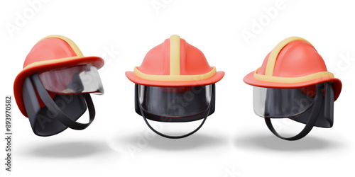 Modern firefighter helmet in different positions. Accessory to protect head and face from fire