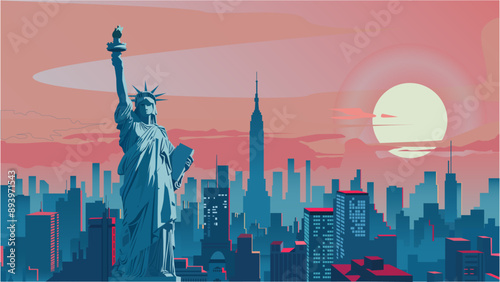 Skyline of New York with Lady Liberty