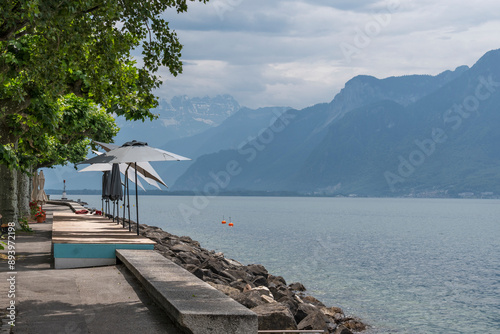 Panorama of town of Vevey and Lake Geneva, Switzerland