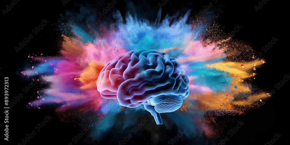 Fototapeta premium Human brain exploding with colorful powder paint