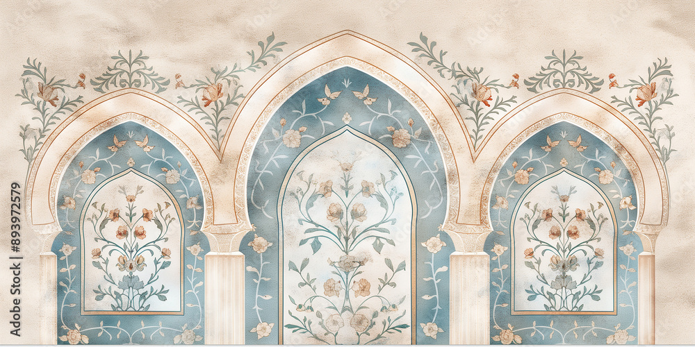 Ornate arches with floral motifs forming a palace background Ornate arches with floral motifs forming a palace background