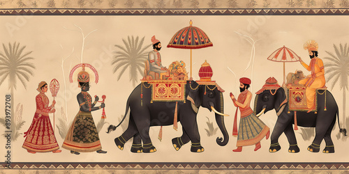 Fototapeta Naklejka Na Ścianę i Meble -  Indian mughal miniature painting depicting a maharaja procession with elephants and attendants