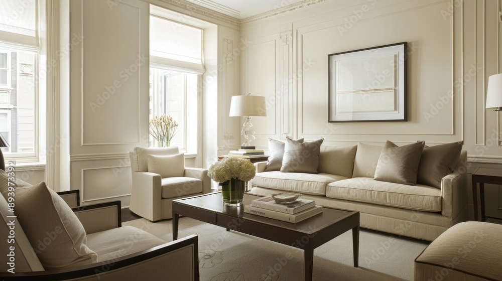 Fototapeta premium A luxurious living room with a beige sofa two armchairs and a coffee table in the center