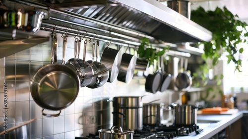 A closeup view of stainless steel pots and pans hanging on a rack in a modern kitchen