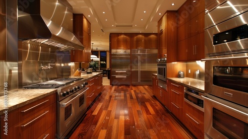 A sleek modern kitchen with stainless steel appliances and rich wood cabinets photo