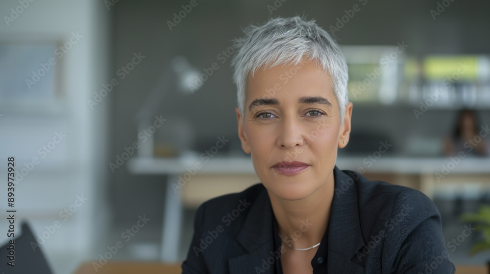 Confident mature woman with short grey hair, professional attire, sitting in office, successful business leader, focused expression, modern workplace, career concept Confident mature woman with short grey hair, professional attire, sitting in office, successful business leader, focused expression, modern workplace, career concept