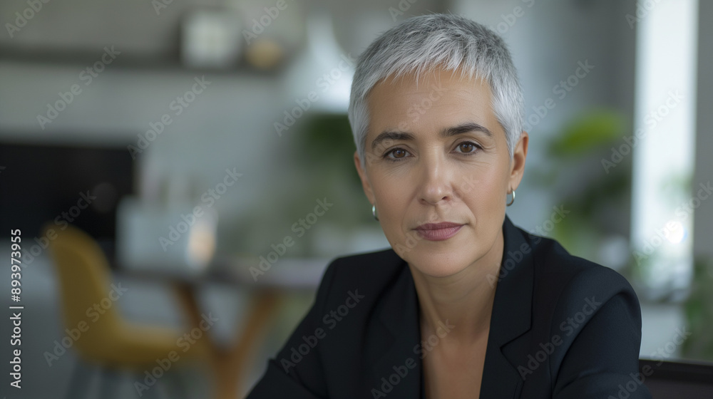 Confident mature woman with short grey hair, professional attire, sitting in office, successful business leader, focused expression, modern workplace, career concept Confident mature woman with short grey hair, professional attire, sitting in office, successful business leader, focused expression, modern workplace, career concept