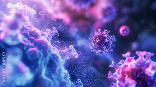 Microscopic view of glowing viruses and bacteria in vibrant colors