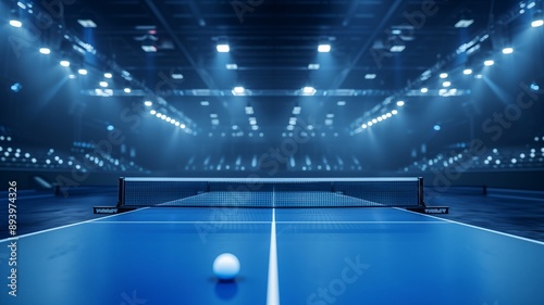 A blue table tennis setup with a white ball in an illuminated aren