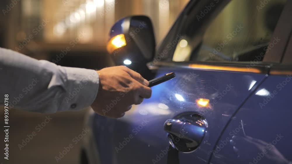 man opens car with smart phone digital key keyless security system,person unlock vehicle using smartphone mobile application