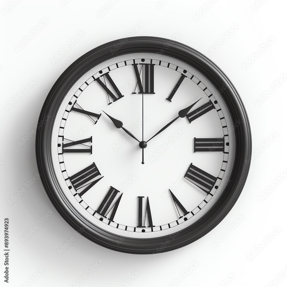 Classic round clock with roman numerals on a white background. Classic round clock with roman numerals on a white background.