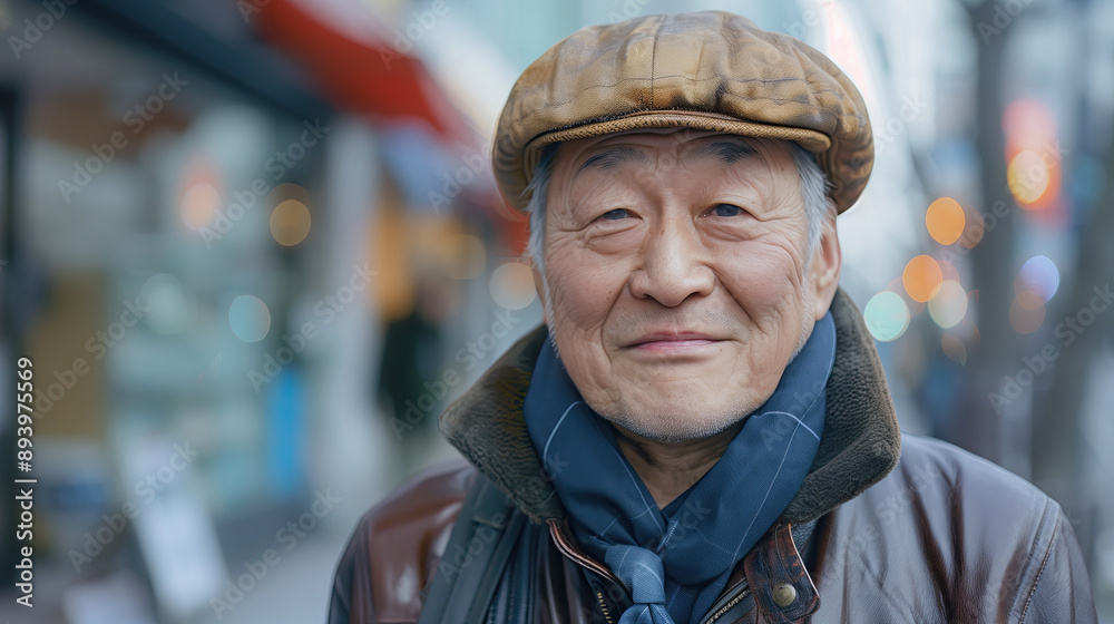 Older asian man in the city in winter Older asian man in the city in winter