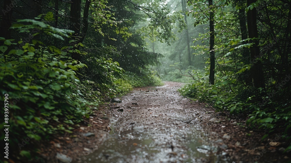 Obraz premium Rainy forest path surrounded by lush green foliage