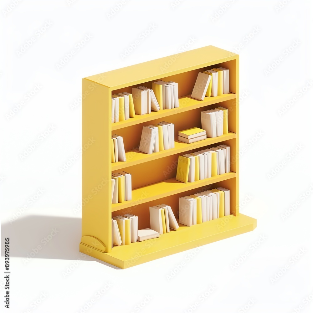 Yellow bookshelf with books on white background. Yellow bookshelf with books on white background.