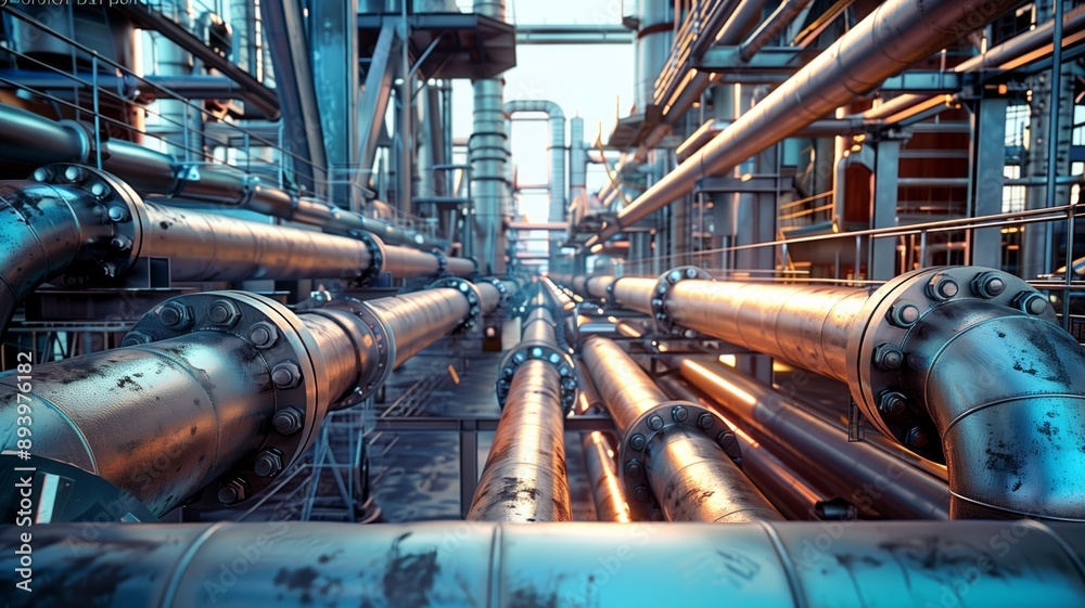 Industrial pipelines in a large facility, with a complex network of pipes and structures Industrial pipelines in a large facility, with a complex network of pipes and structures