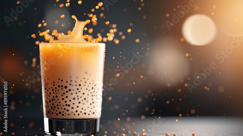 Refreshing bubble tea in a glass, with tapioca pearls and a splash, set against a vibrant bokeh background. Perfect for drinks and beverages theme.