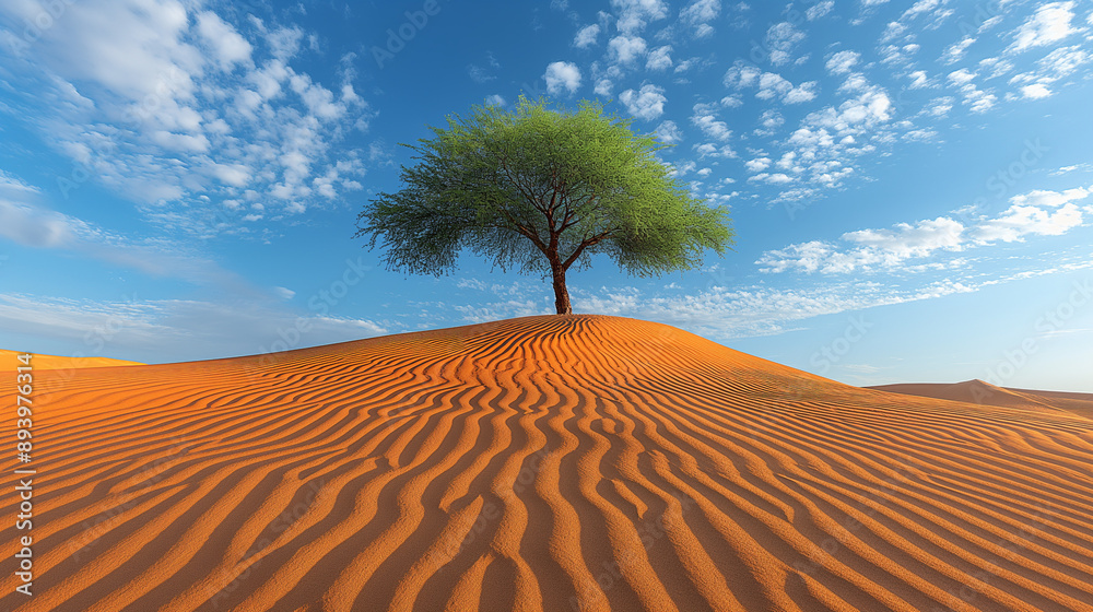 Lone tree on sand dune under clear blue sky, serene desert landscape, minimalistic nature photography, vibrant colors, environmental and conservation concept Lone tree on sand dune under clear blue sky, serene desert landscape, minimalistic nature photography, vibrant colors, environmental and conservation concept