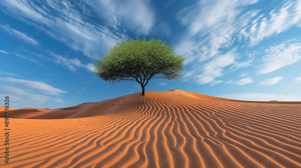 Lone tree on sand dune under clear blue sky, serene desert landscape, minimalistic nature photography, vibrant colors, environmental and conservation concept Lone tree on sand dune under clear blue sky, serene desert landscape, minimalistic nature photography, vibrant colors, environmental and conservation concept