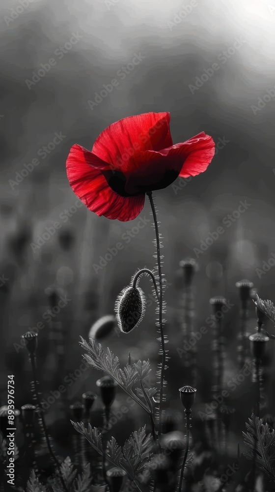 Obraz premium A close-up of a red poppy flower on a black and white background, symbolizing Remembrance Day