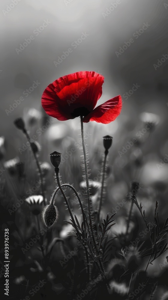 Obraz premium A close-up of a red poppy flower on a black and white background, symbolizing Remembrance Day