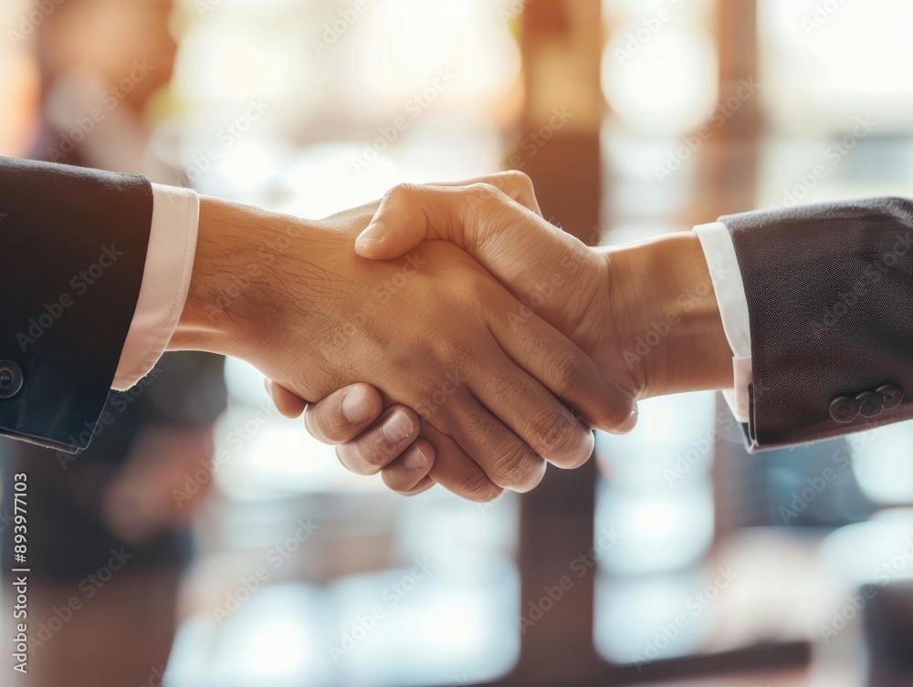 Two people shaking hands over a table in an indoor office setting Two people shaking hands over a table in an indoor office setting