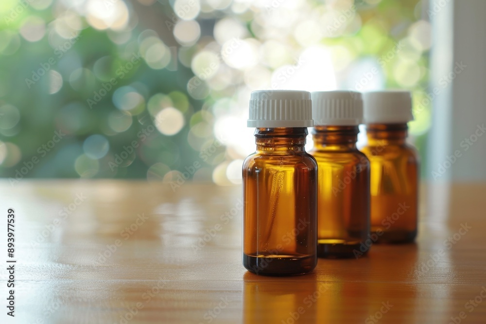 Four glass bottles containing various oils on a table. Four glass bottles containing various oils on a table.