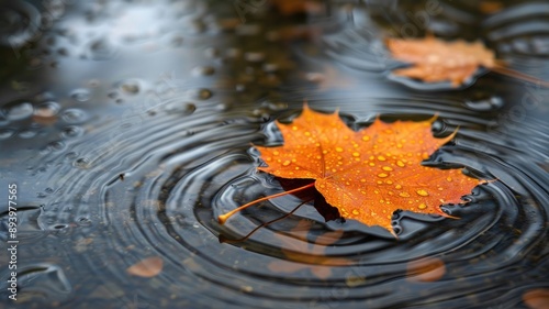 Vibrant orange maple leaf floats on rain-soaked water creating ripples