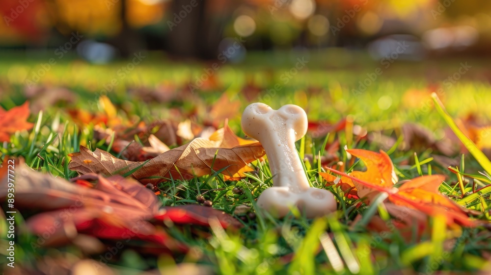 Dog bone in grassy backyard amid autumn leaves Dog bone in grassy backyard amid autumn leaves